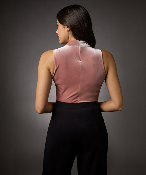 High Neck Sleeveless Velvet Top-  Brown